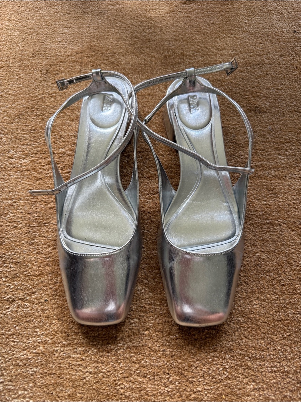 Zara Metallic Silver Square-Toe Ankle-Strap Heels